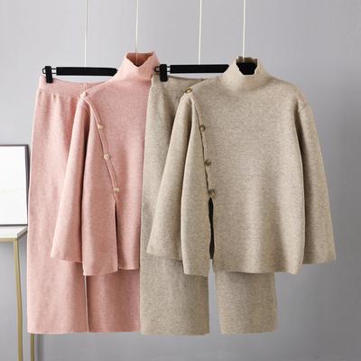 Women's Casual Loose Sweater Set Solid Color Turtleneck Knitted Pullover Sweater Suit Wide Leg Pants Knitted Two-Piece Sets