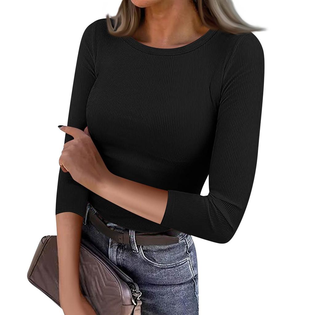 Women's Slim Bottom T-shirt Fashion Casual Color Round Neck Pullover 3/4 Sleeve Top