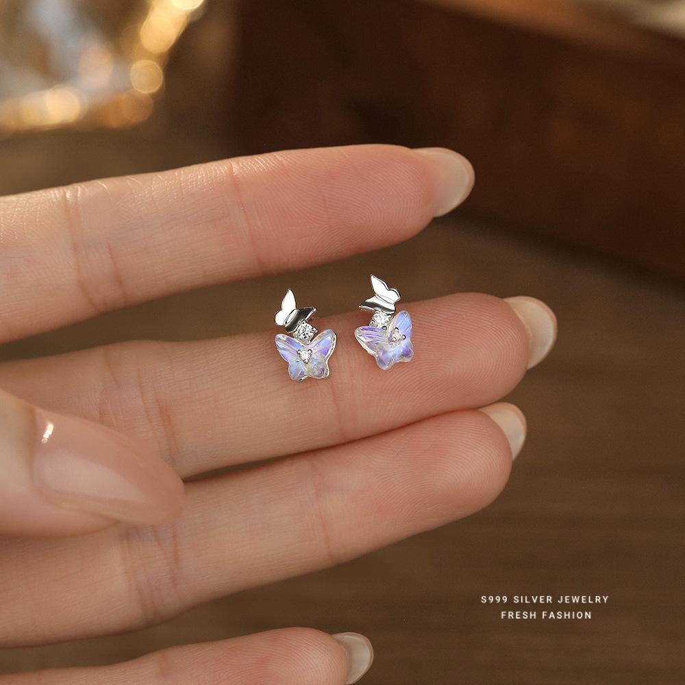 

S999 Sterling Silver Colorful Colored Glaze Butterfly Stud Earrings, Dainty Fresh Fashion Jewelry for Women