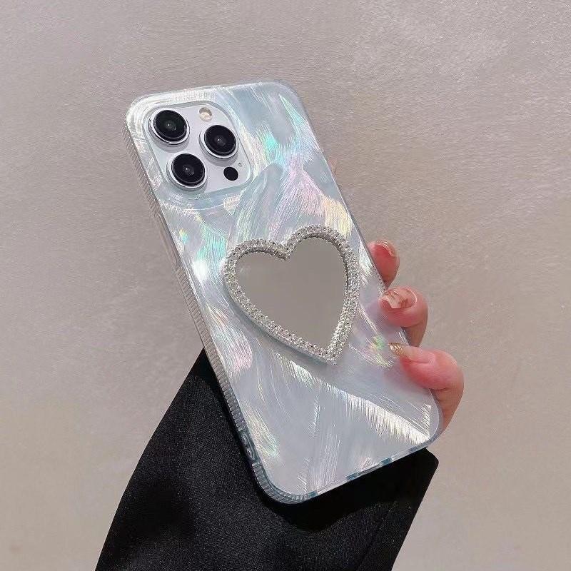 Luxury Diamond Love Heart Makeup Mirror Laser Phone Case For iPhone 16 15 14 11 Pro Max XR X XS Shockproof Bumper Cover