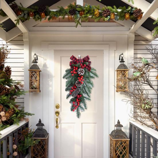 Christmas Swag Artificial Teardrop Swag Wreath with Pine Cones Red Berries And Bow Winter Door Hanging Swag for Front Door Stair Decor