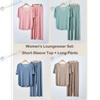 Couple Ice Silk Pajamas Set Summer Women Round Neck Short Sleeve Long Pants Men Shorts Seamless Homewear