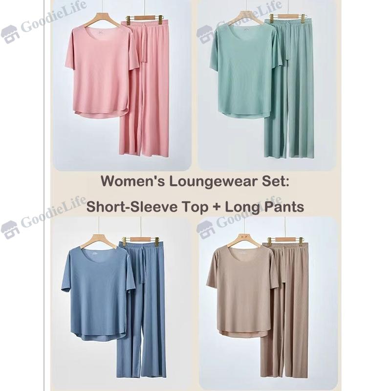 Couple Ice Silk Pajamas Set Summer Women Round Neck Short Sleeve Long Pants Men Shorts Seamless Homewear