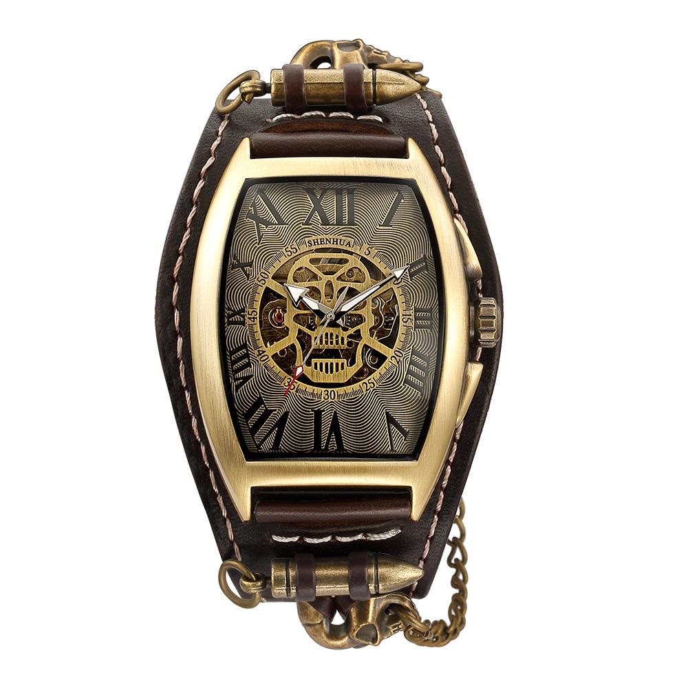 Shenhua Belt Rivet Buckle Men'S Barrel Shaped Hollow Skull Tourbillon Automatic Mechanical Watch