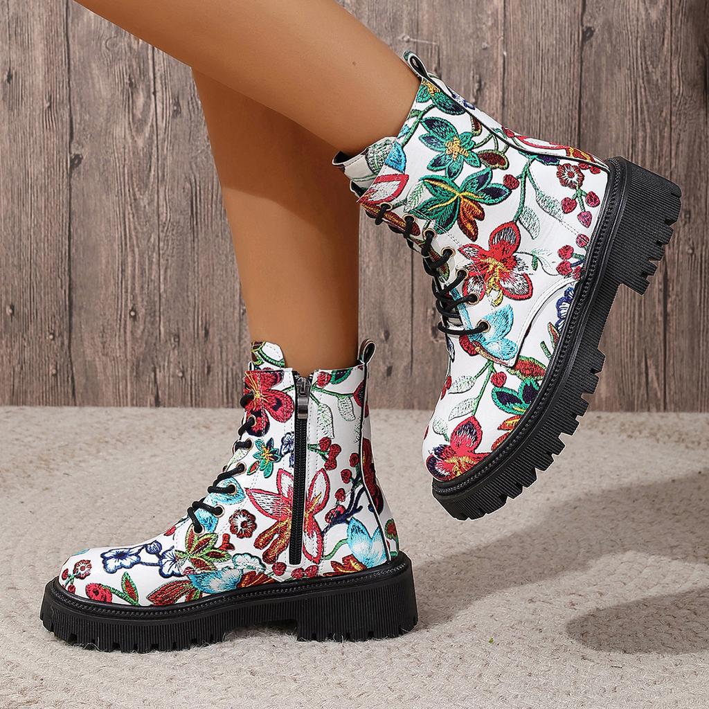 Large-Size Boots – Autumn/Winter New European & American Printed Casual Round Toe Lace-Up Low-Heel High-Top Martin Boots for Women