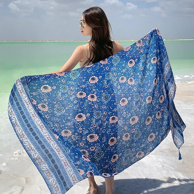 Design Brand Women Scarf Sunscreen Cotton Shawls Dual-Use Summer Autumn Long Scarves Seaside Holiday Beach Towel Beachwear Veils