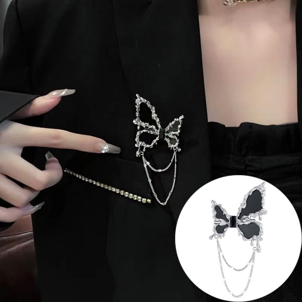 Tassel Pendant Butterfly Chain Brooch Pin Black Suit Badge Lapel Pins Clothing Accessories Jewelry