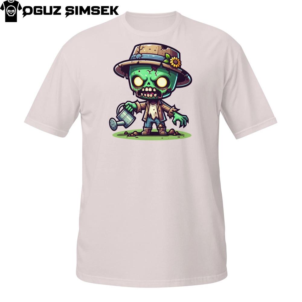 

Undead Garden Gnome T-Shirt – Creepy Farmer Zombie with Sunhat and Plants M