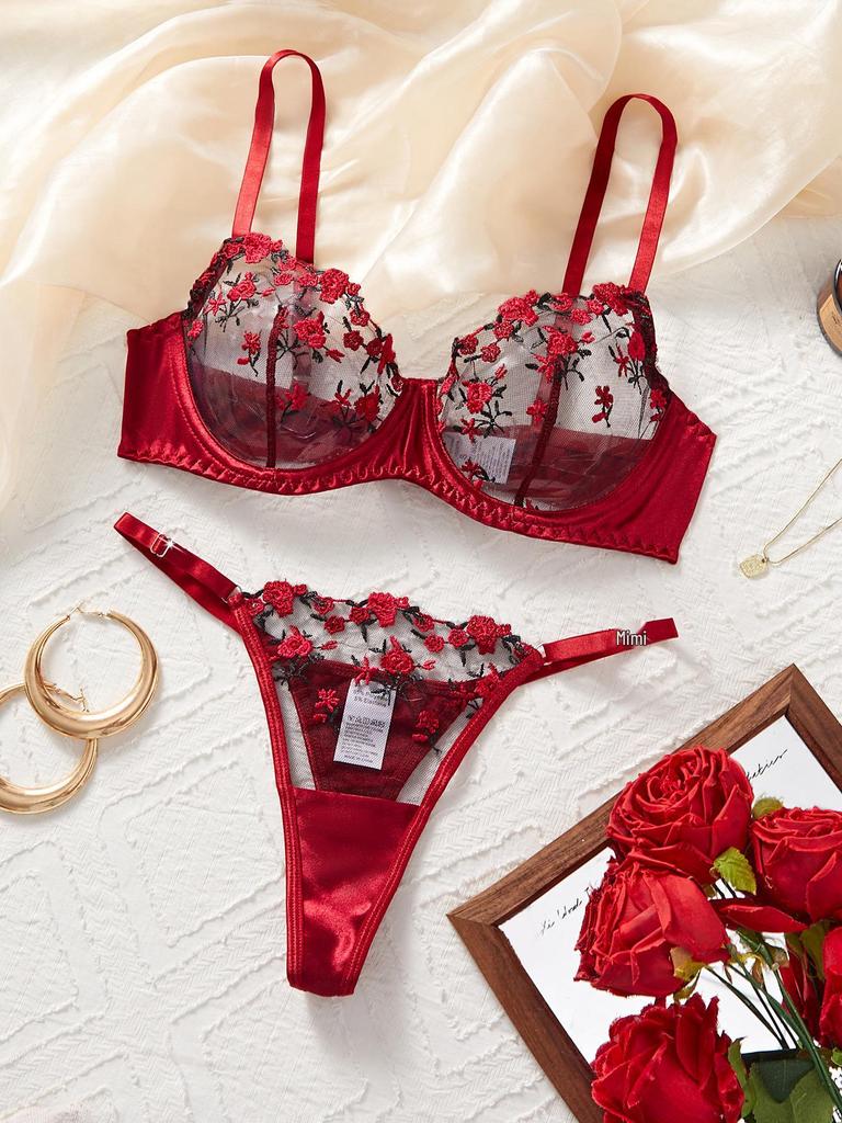 European-American Sexy Lingerie: Red Velvet Rose Embroidered Push-Up Bra & Panty Set