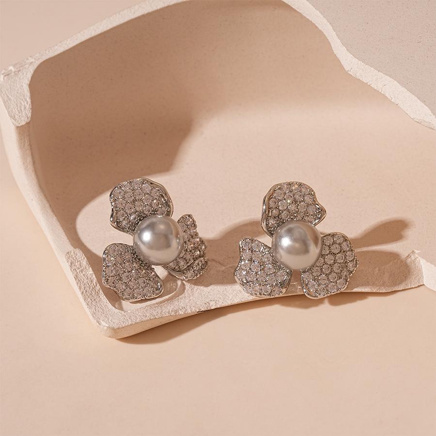 Chic Metallic Zircon Petal Pearl Earrings for Women
