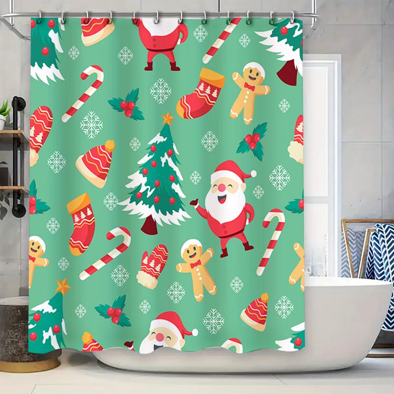 

Xmas Decor Shower Curtains Green Fabric Festive Holiday Christmas Trees Santa Claus Gingerbread Cookies Candy Canes Pattern For W60H190(CM)-1 Pcs