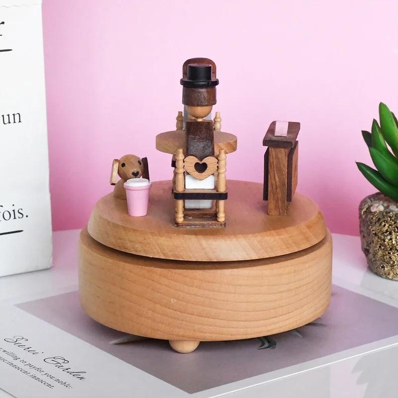 Powder Wooden Music Box Printing Rabbit Music Box Girl Heart Pink Birthday Gift Wooden Crafts Wood Decoration Kids Toys Home