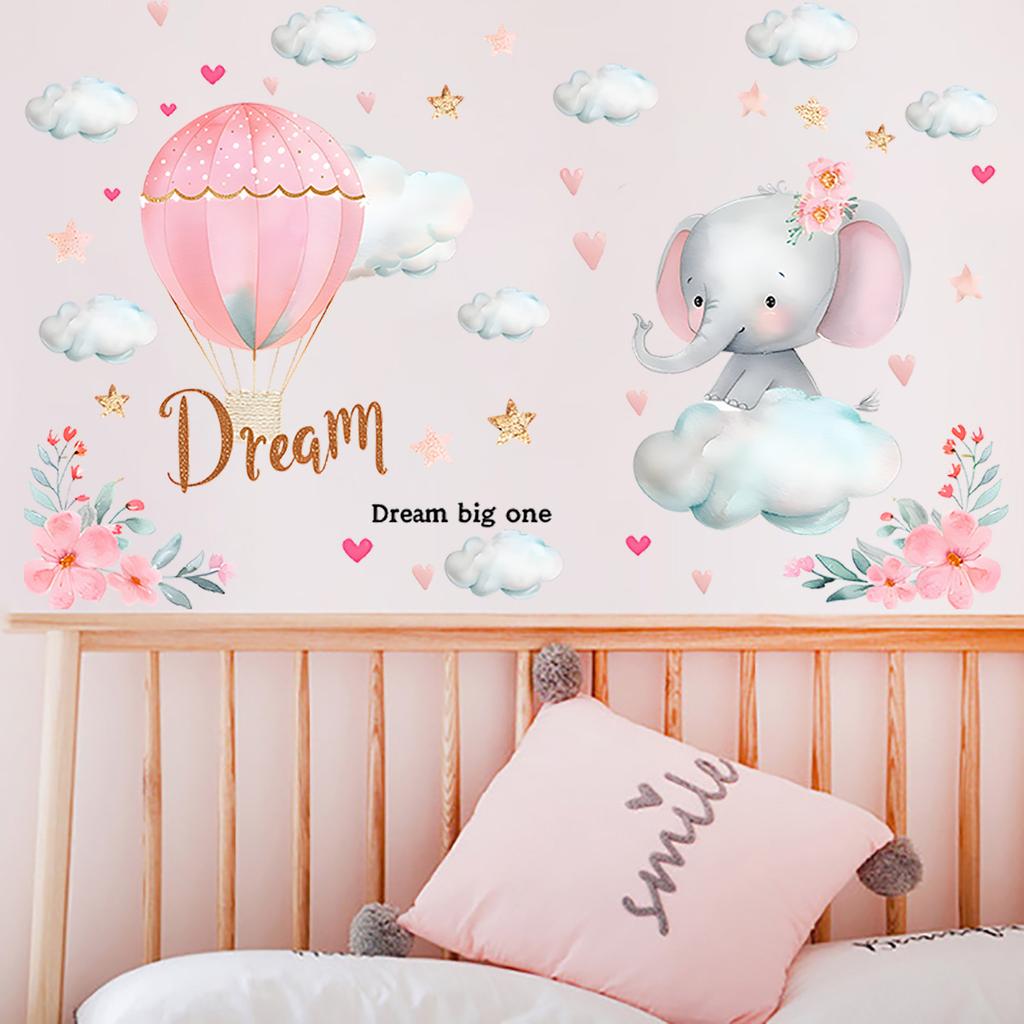Cute Elephant Hot Air Balloon Clouds Wall Stickers Self-Adhesive for Kids Room Nursery Kindergarten Home Wall Decor