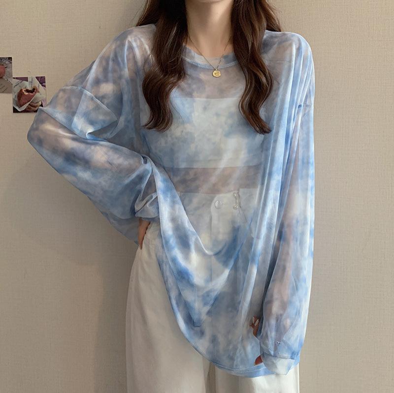 Summer Perspective Tie Dyed Mesh Sunscreen Top for Women's Thin Ice Silk Long Sleeved T Shirt Cover Up Women Beach T-shirts