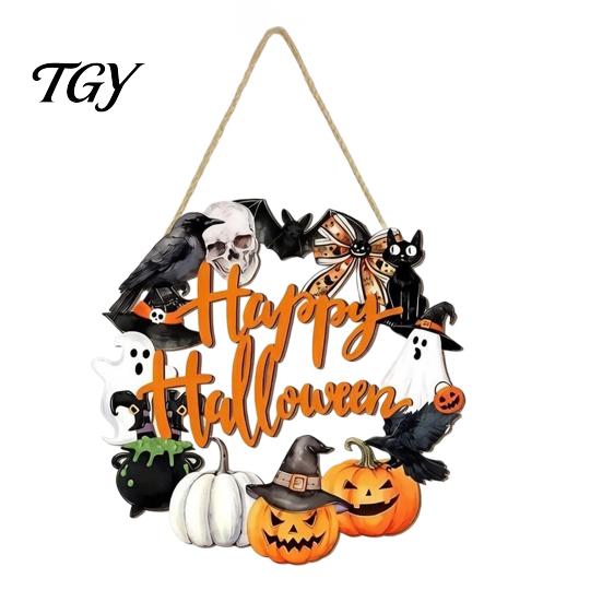 Fall Front Porch Signs Halloween Wooden Wreath Door Hanger Sign, Pumpkin Ghost Black Cat Witch Weatherproof Wall Decorations Bat Patterns, Hanging