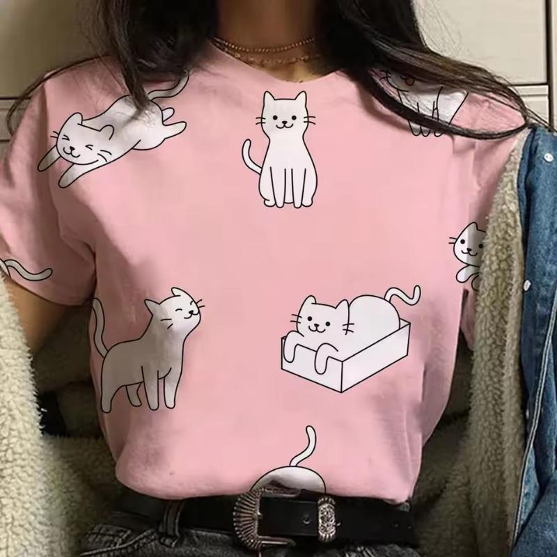 3D-tryckt söt djur-t-shirt för kvinnor roliga kattgrafiska t-shirts sommarmode överdimensionerade t-shirts kortärmade toppar med rund hals