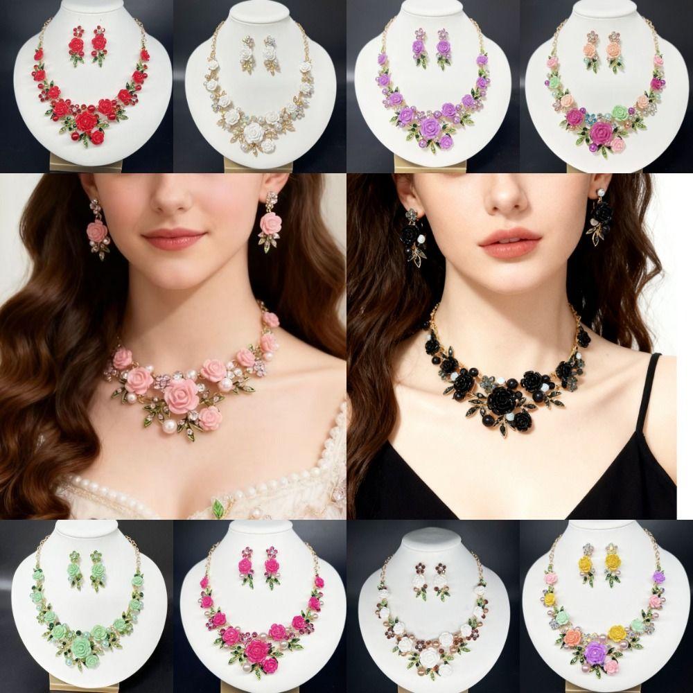 1 Set Multicolor Flowers Crystal Jewelry Set Enamel Pearl Necklace Earrings Set Exquisite Luxury Bridal Jewelry Set Banquet