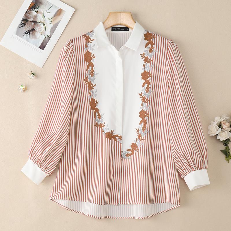 

ZANZEA Женская повседневная блузка в полоску с отложным воротником, свободного кроя, с длинным рукавом 4XL хаки