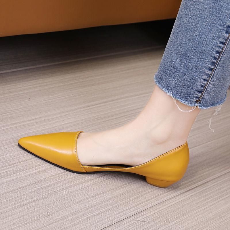 Fashion Shoes for Woman 2024 Chunky Heels Women's Summer Footwear Block Heel Office Yellow Pointed Toe Low Elegant Young A on Sale Trend