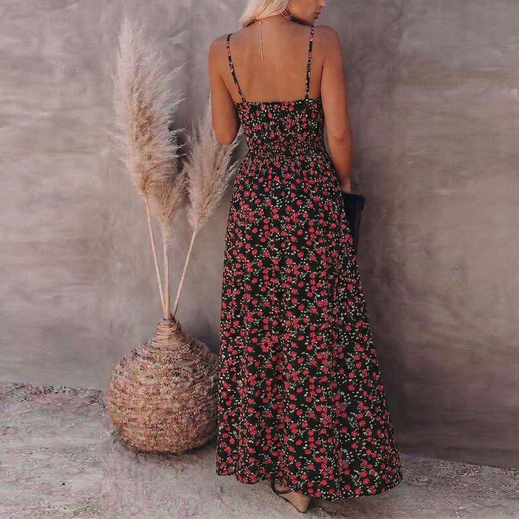 Women’s Floral Print Maxi Dress Sleeveless V Neck Adjustable Spaghetti Strap Long Summer Dress Casual Loose Fit Beachwear