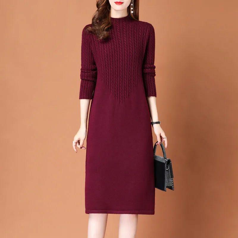 

Trendy Solid-color Knitted Dress for Women in Autumn and Winter Slim Half Turtleneck Sweater Dress Casual Long-sleeved Knitted Sweater XL
