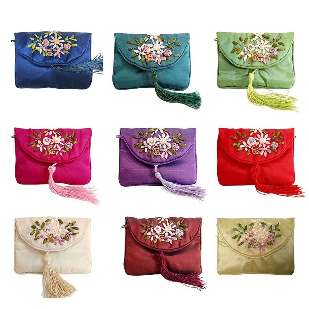 Embroidered Flower Women Tassels Handbags Retro Handmade Zipper National Small Bag Card Storage Ethnic Style Coin Purse