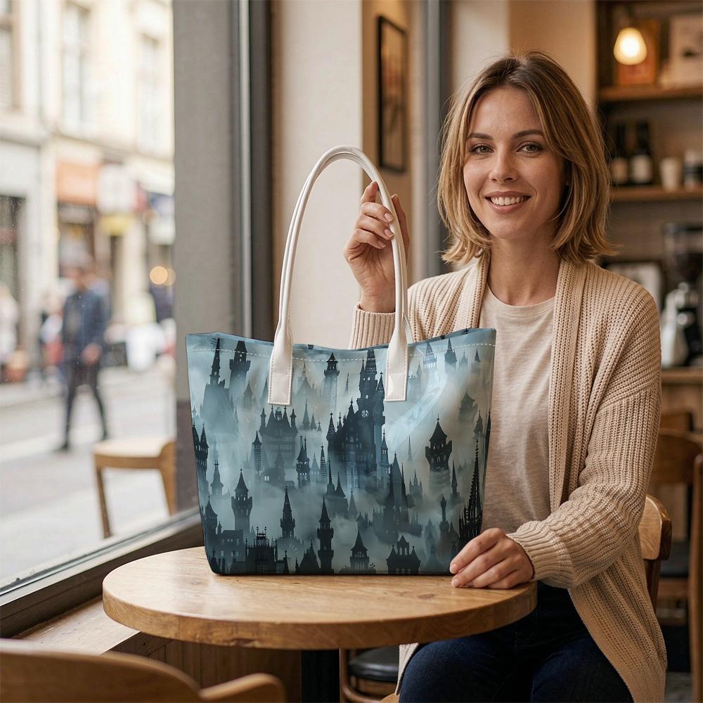 Gothic Castle Print Casual Daily Tote Bag Lightweight Aesthetic Shopping Shoulder Bag For Outgoing