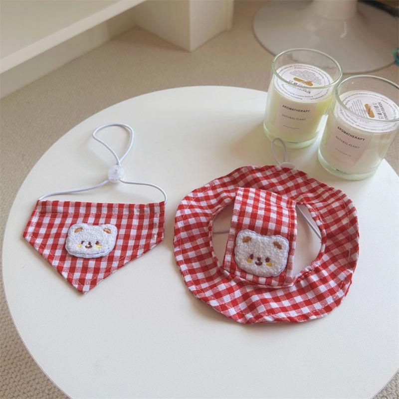 Plaid Bear Print Pet Hat And Triangular Bib Set For Cats And Dogs