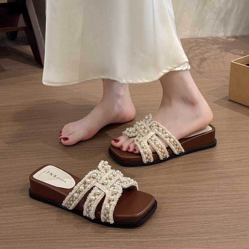 Xiaoxiangfeng High-heeled Slippers Women's Summer 2025 New Outer Wear Fashionable Pearl French with Skirt Comfortable Going Out Sandals