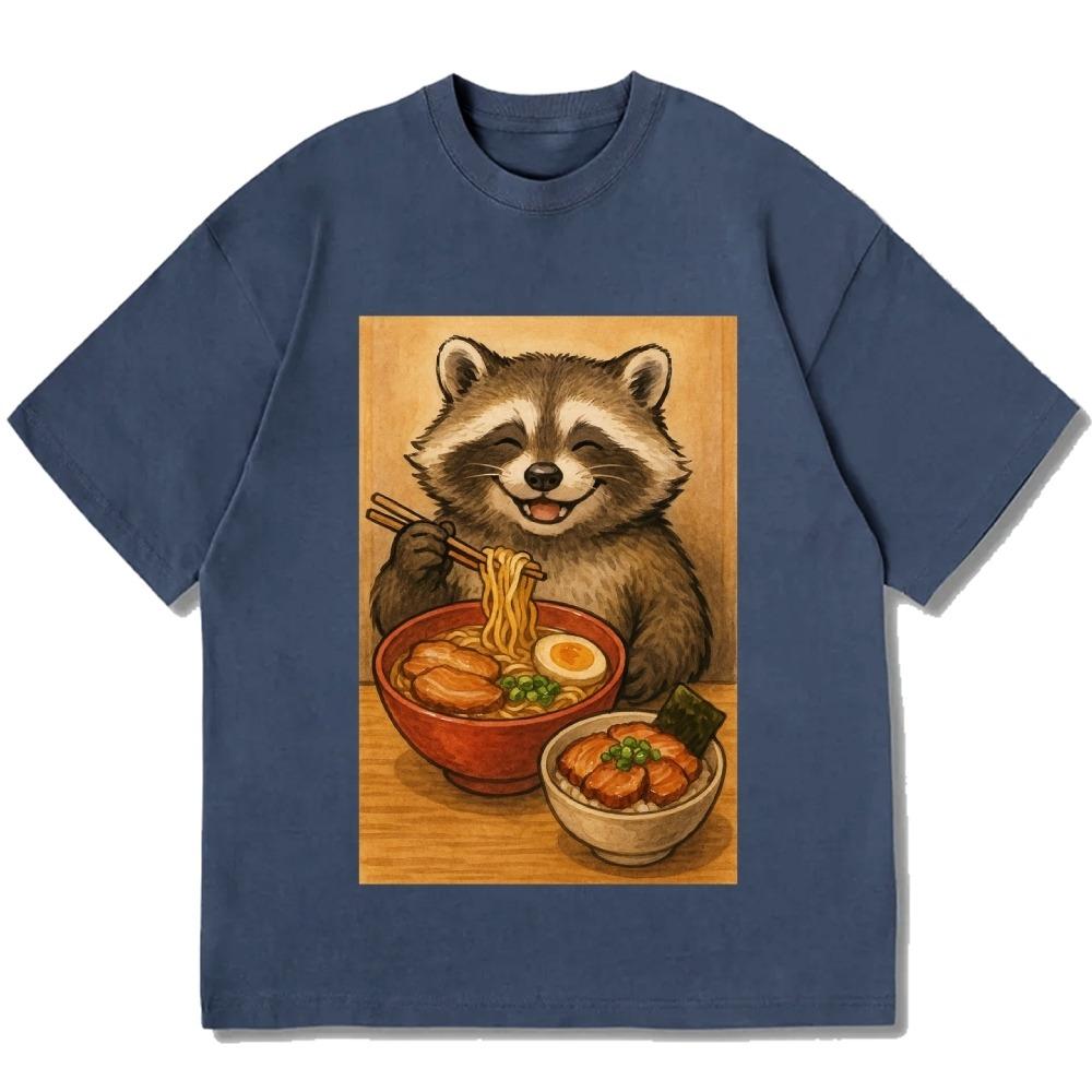 Casual Loose Summer T-shirts Fashion Cotton Short Sleeve O-neck Tees Unisex Men's Raccoon Eating Ramen Printed Tunics