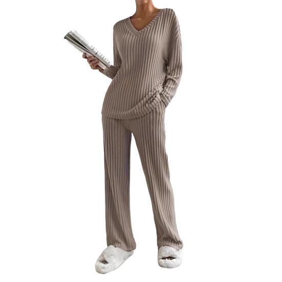 Damen Loungewear Set Geripptes Langarm-Oberteil und Weite Hose Passendes Pyjama-Set Lässige 2-teilige Outfits