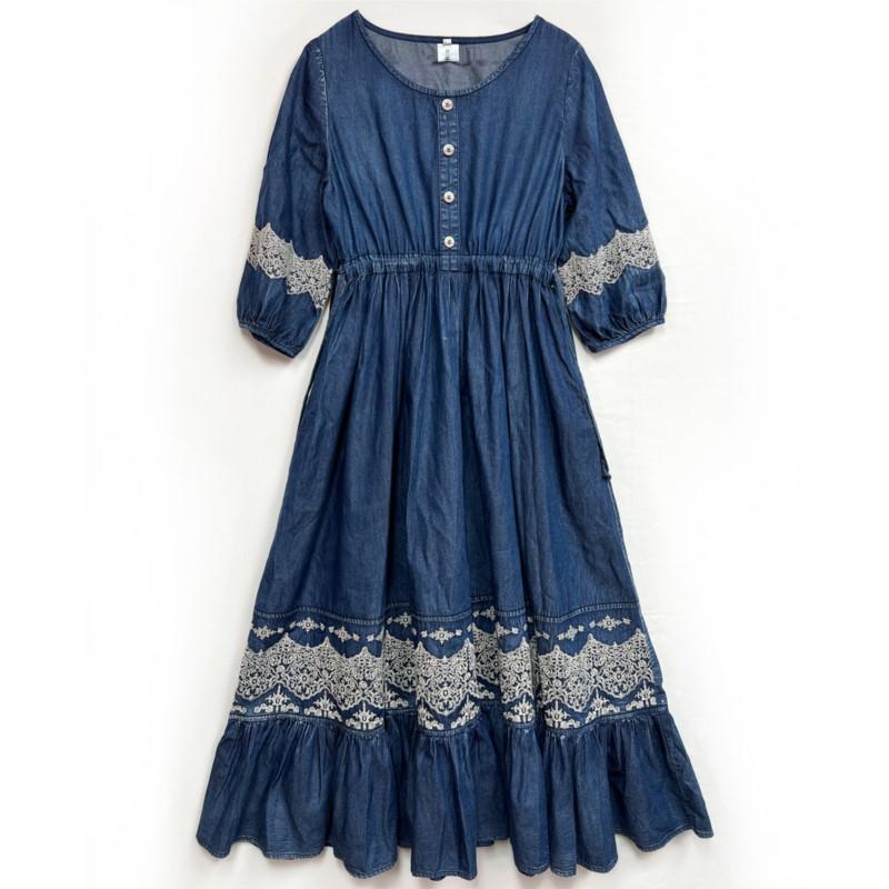 Johnature Summer Women O-Neck Elasticated Waistband Dress Vintage Embroidery Three Quarter Cowboy Dress