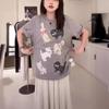 European retro pure cotton cartoon dog cat print short-sleeved T-shirt women's summer loose large size versatile top tide