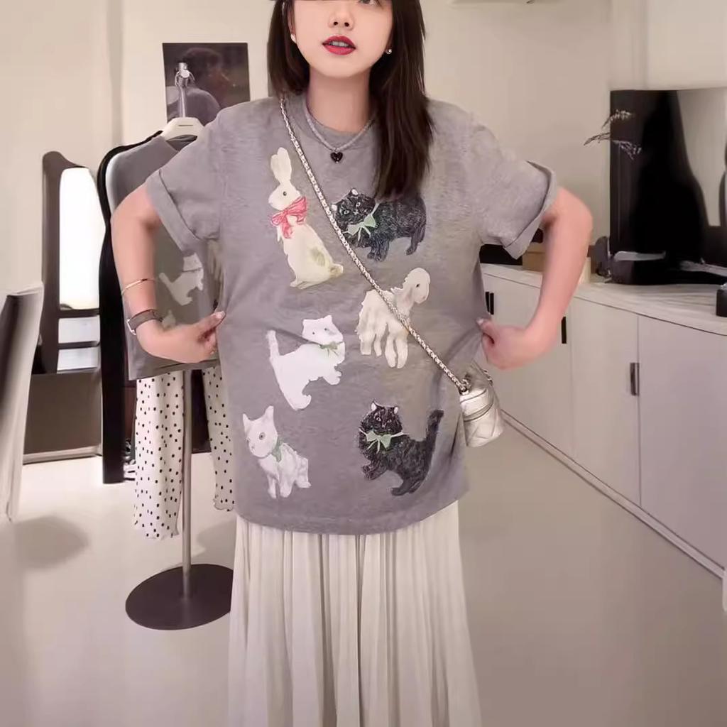 European retro pure cotton cartoon dog cat print short-sleeved T-shirt women's summer loose large size versatile top tide