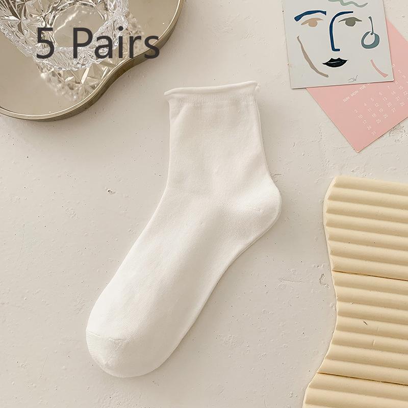 5 Pairs of Cute Candy Colored Rolled Up Mid Top Socks for Women In Summer