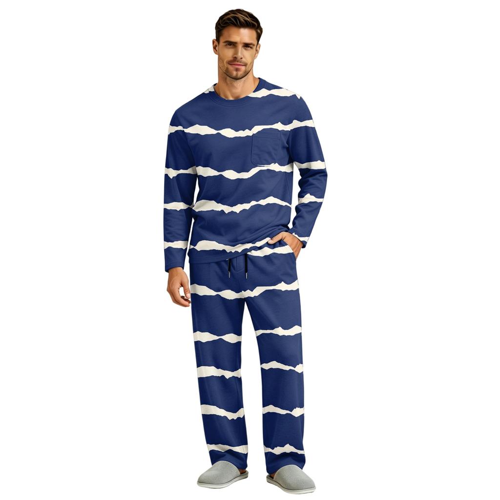 Men's Pajama Set Long Sleeve Top and Long Pants with Button Crotch and Elastic Drawstring Waist for Home Loungewear