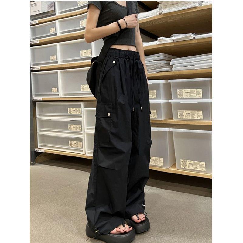 Women's American Spicy Girl Cargo Drawstring Wide Leg Casual Pants - Spring Loose Straight Leg Floor-Length Trousers