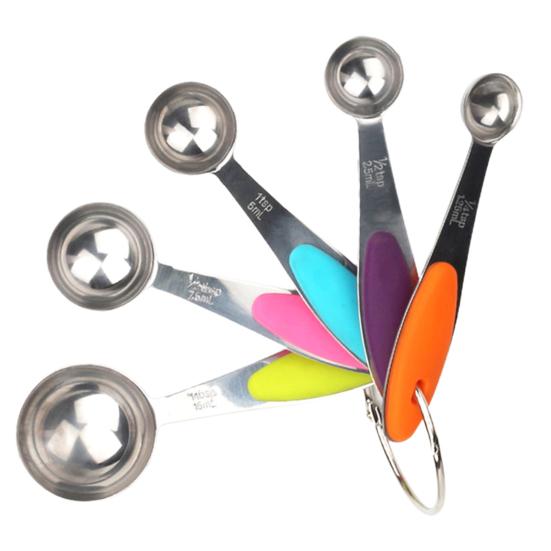 5Pcs/Set Measuring Spoon Set Clear Scale Ring Buckle Silicone Handle Stainless Steel Sugar Powder Spoon Measuring Cup Home Supplies