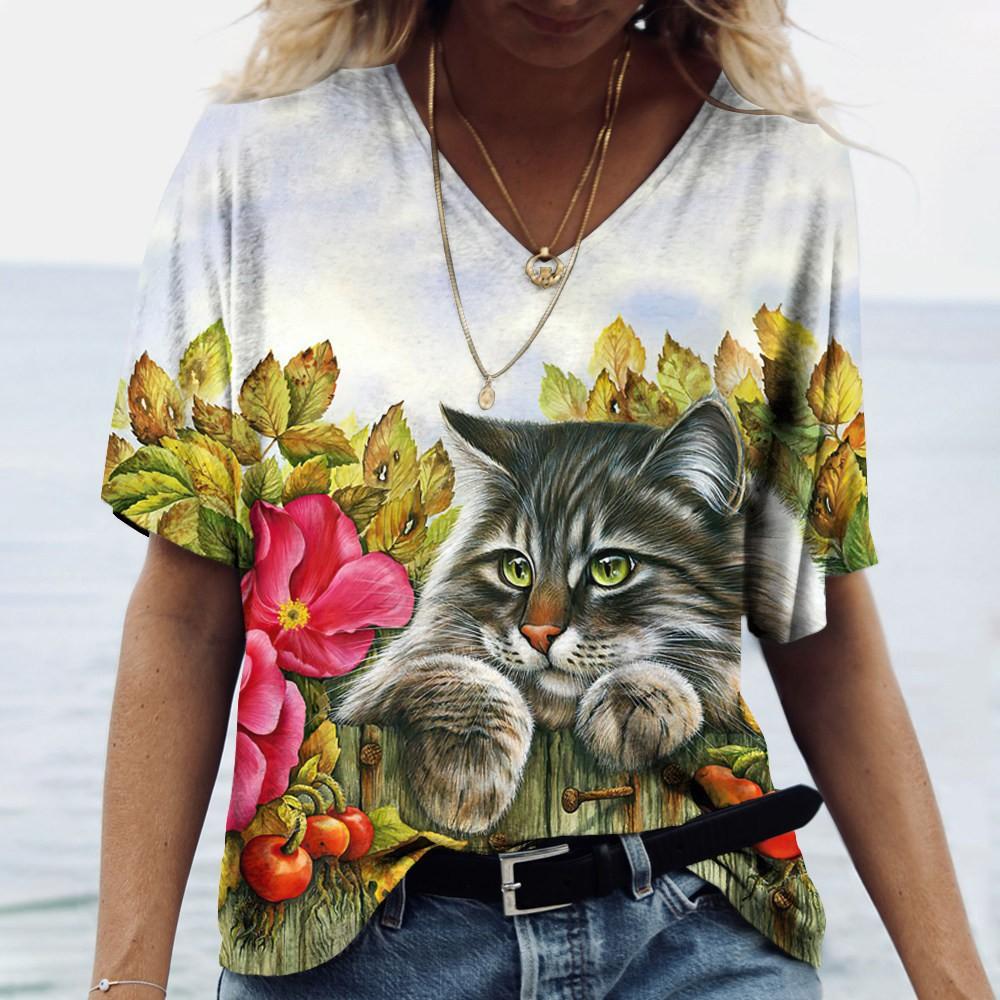 Summer V-neck 3D Cat Printed Top Fashionable Casual Short Sleeved Women's T-shirts
