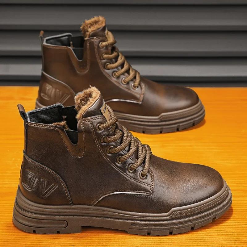 Fashion Men's Biker Boots Trendy All-match Leather Casual High Top British Shoes Keep Warm Popular Motorcycle Lace-up Water Proof Boot