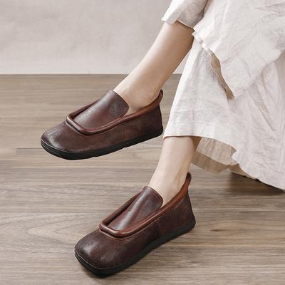 Retro Women Genuine Leather Flats Shoes Handmade Shallow Soft Sole Casual Round Toe Solid Color Loafers