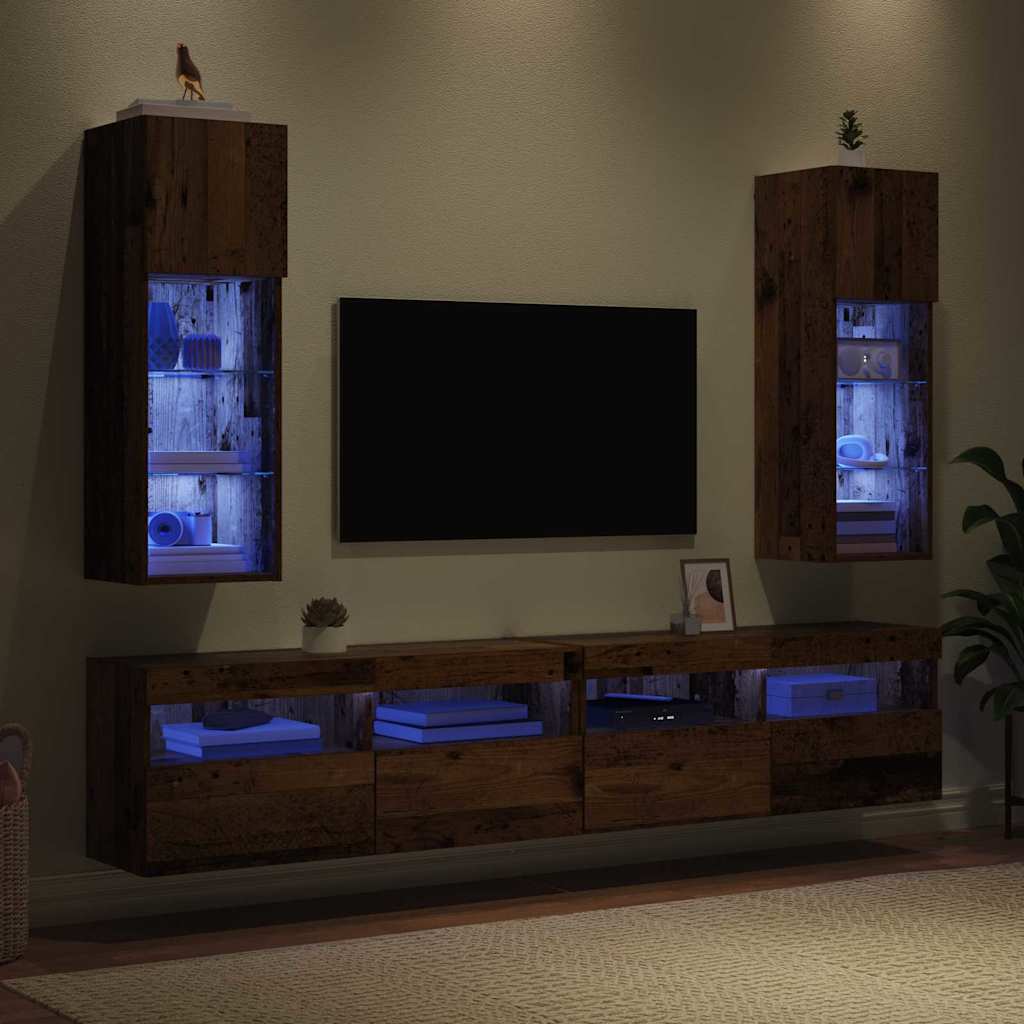 Wall Mounted TV Cabinets Set of 2 Reclaimed Wood Look 30.5 x 30 x 90 cm