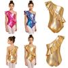 Leotard Metallico con Volant a Spalla Singola Senza Maniche Brillante per Ginnastica Danza Bambine Ragazze Esibizione sul Palco