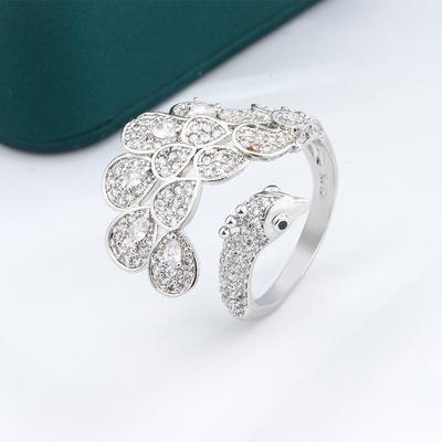 Creative Peacock  Ring for Women Bright Blue AAAA Zircon Open Adjustable Jewelry Silver Jewelry Wedding Ring