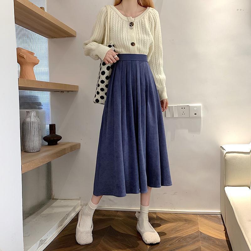Móda Sukně s vysokým pasem plisovaná dámská korejská elegantní vysokoškolský styl midi sukně dámské podzimní zimní silné áčkové sukně
