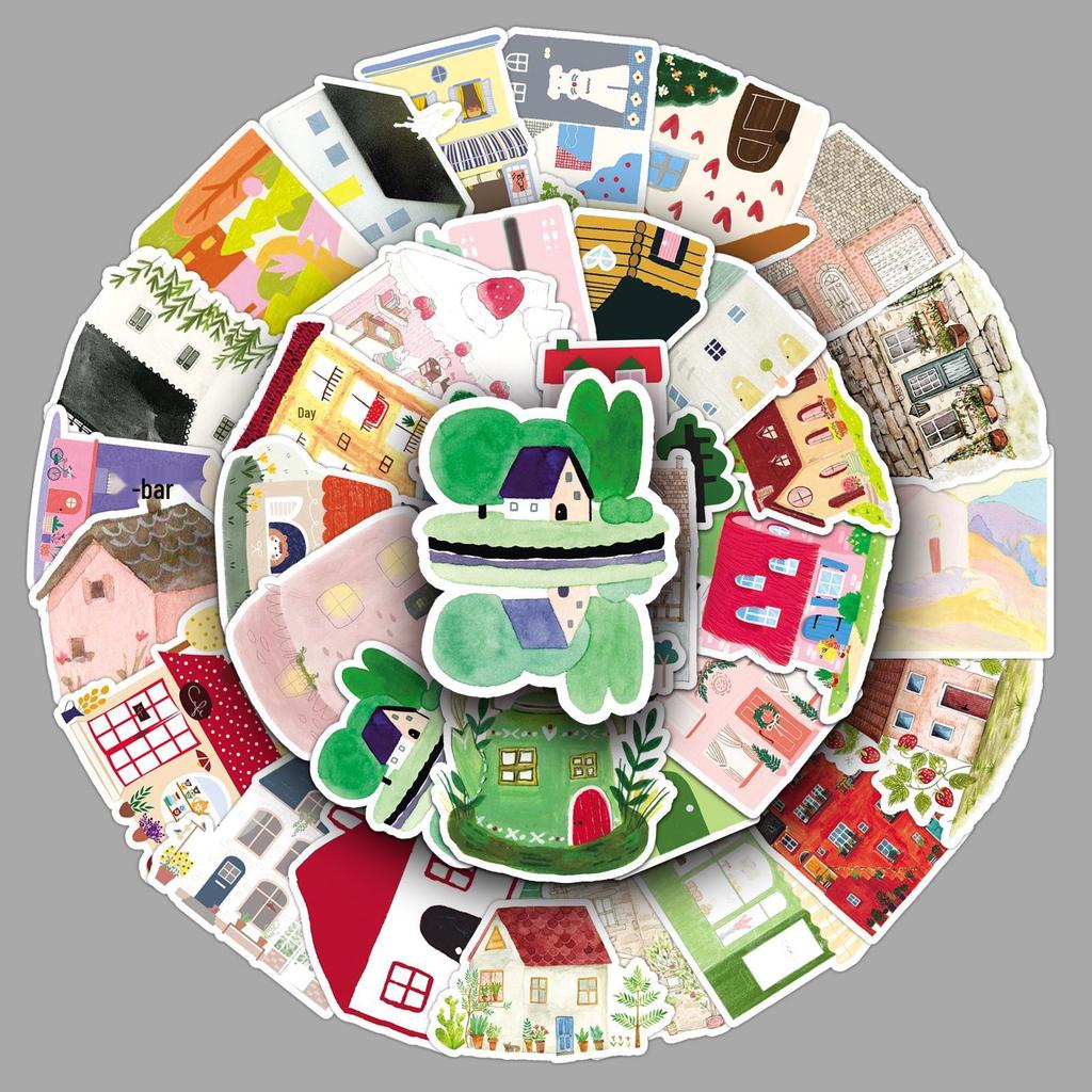 50 Hand-Painted Cartoon House Sticker Sheets: Cute Stationery, Storage, Building, Graffiti, Phone & Computer Decals