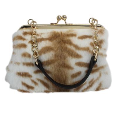 Fosrion Genuine Rabbit Fur Clasp Handbag for Women, Small, 2-Way, Animal Print, with Shoulder Strap (Cream Tiger Stripe)