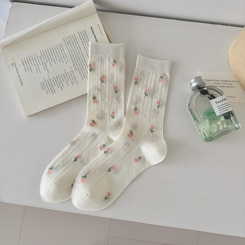 Sock Children's Summer Light Style Open Mesh Breathable Mid-calf Socks with Sweet Small Floral Patterns, Boneless Stockings