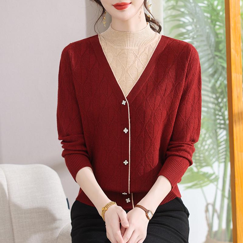 

Women s Knit Pullover Sweater: Semi-High Neck, Two-Piece Look, Autumn/Winter Style for Middle-Aged. L (42.5-60 kg)