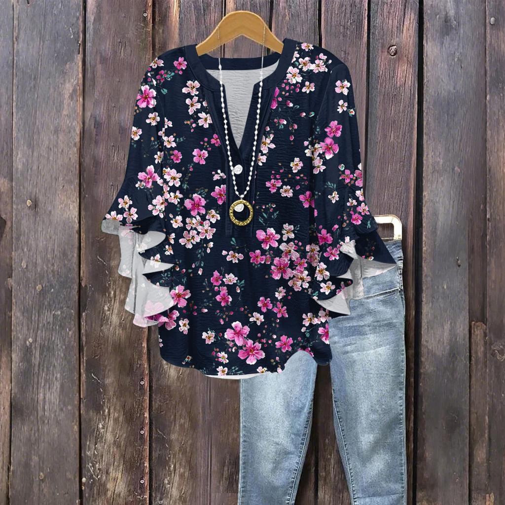 Women's Fashion Button V-Neck Ruffle Seven Sleeve Blouse Floral Printed Top
